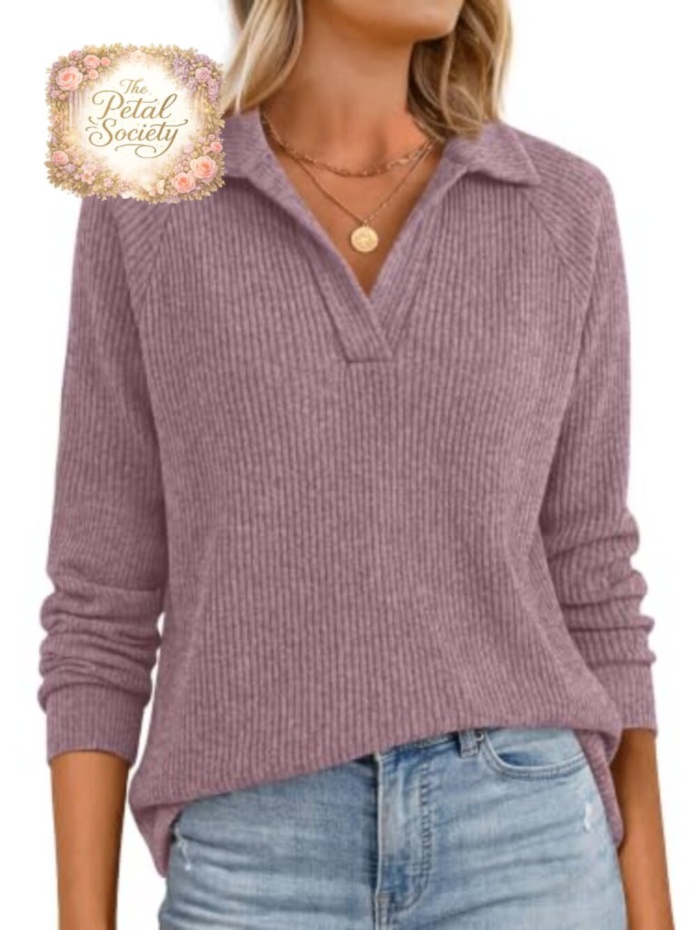 Women's Long Sleeve V-Neck Polo Shirt Ribbed Knit Pullover Top Fall